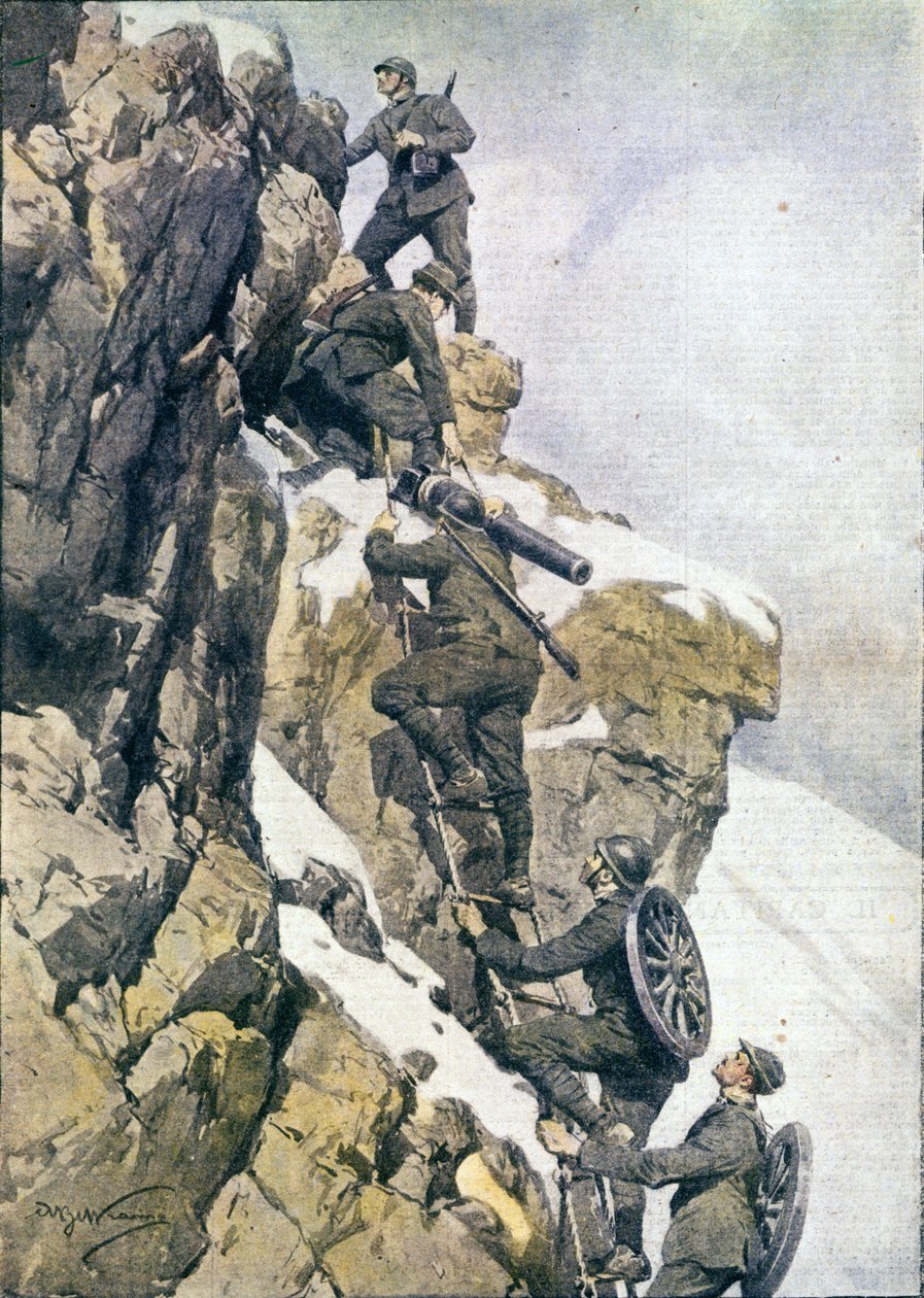 Pierwsza wojna światowa: „”włoscy łowcy alpejski (alpino lub alpini) niosący materiał na szczycie włoskich Alp autorstwa Anonymous Anonymous