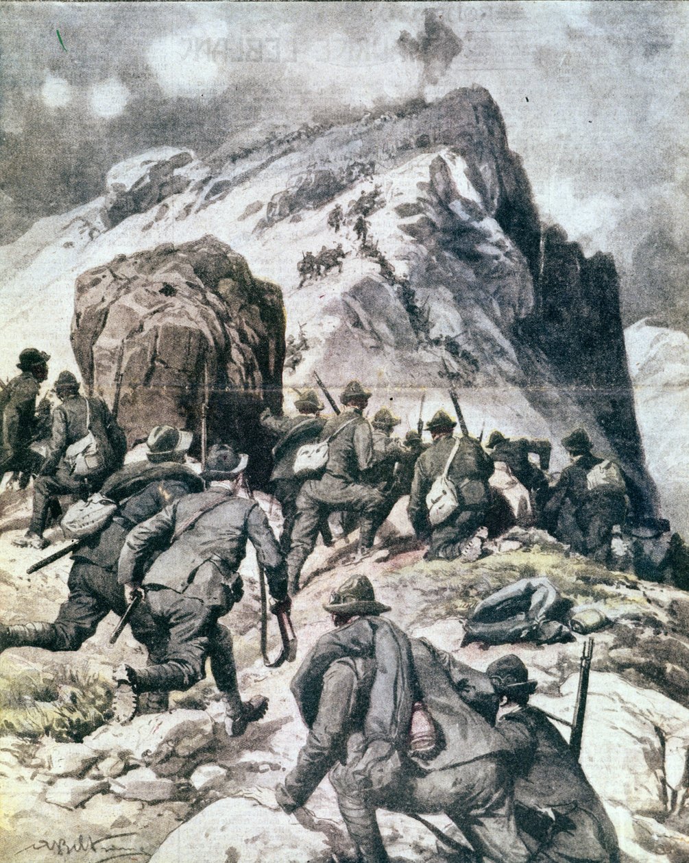 Pierwsza wojna światowa: „”Włoscy myśliwi alpiniści (alpino lub alpini) wspinający się na szczyt Cauriol, Alpy Włoskie”” 1916 Ilustracja z „La domenica del corriere”” autorstwa Anonymous Anonymous