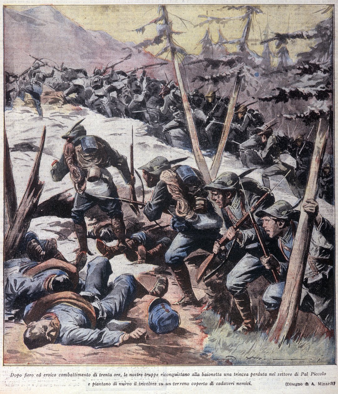 Pierwsza wojna światowa: „”Włoscy łowcy alpejscy (alpino lub alpini) odbierają wrogom Pal Piccolo, Alpy włoskie”” 1916 Ilustracja z „La domenica del corriere”” autorstwa Anonymous Anonymous