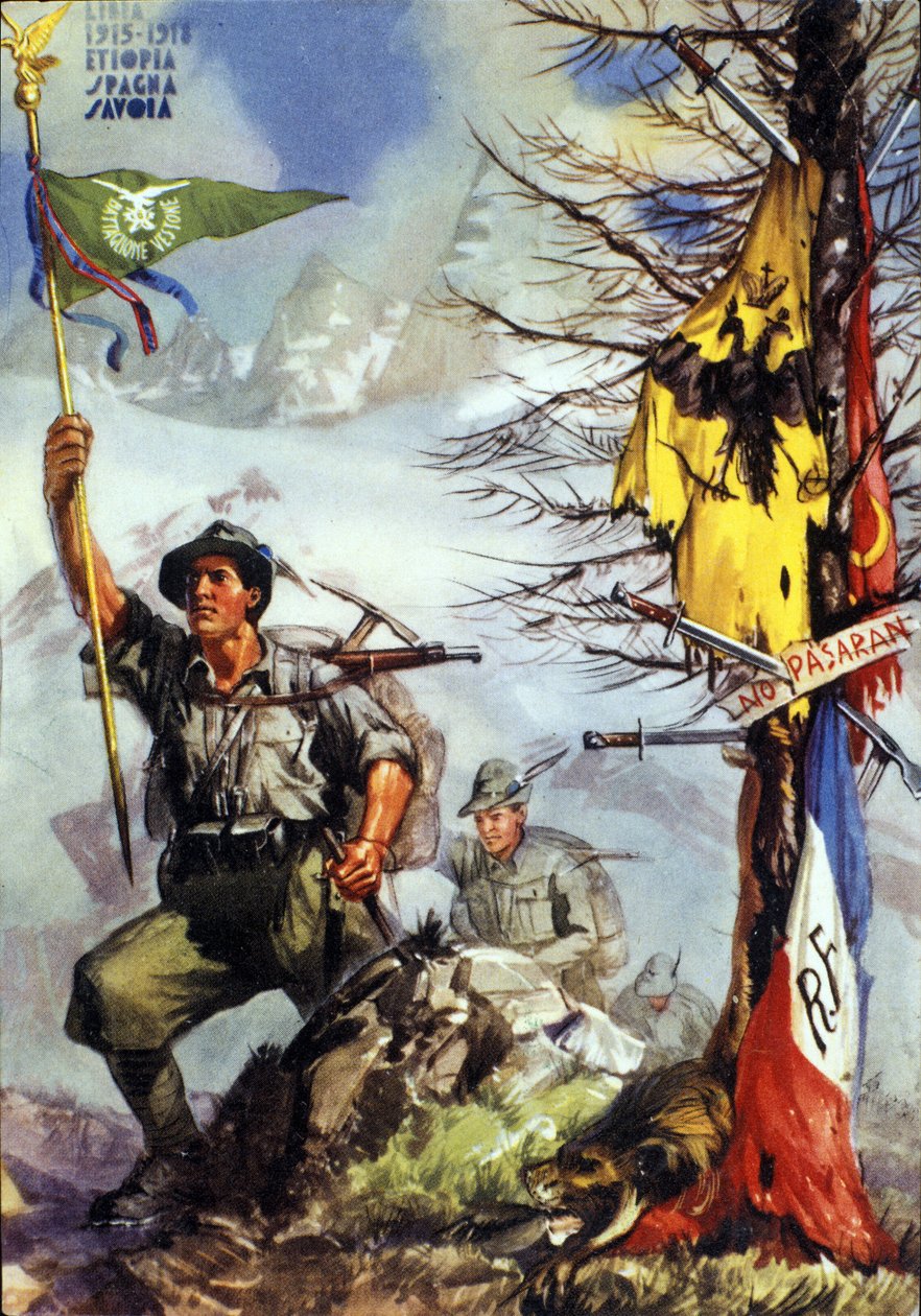 Pierwsza wojna światowa: „”Plakat z okazji batalionu Vestone włoskich łowców alpejskich (Alpino lub Alpini), 6. pułk autorstwa Anonymous Anonymous