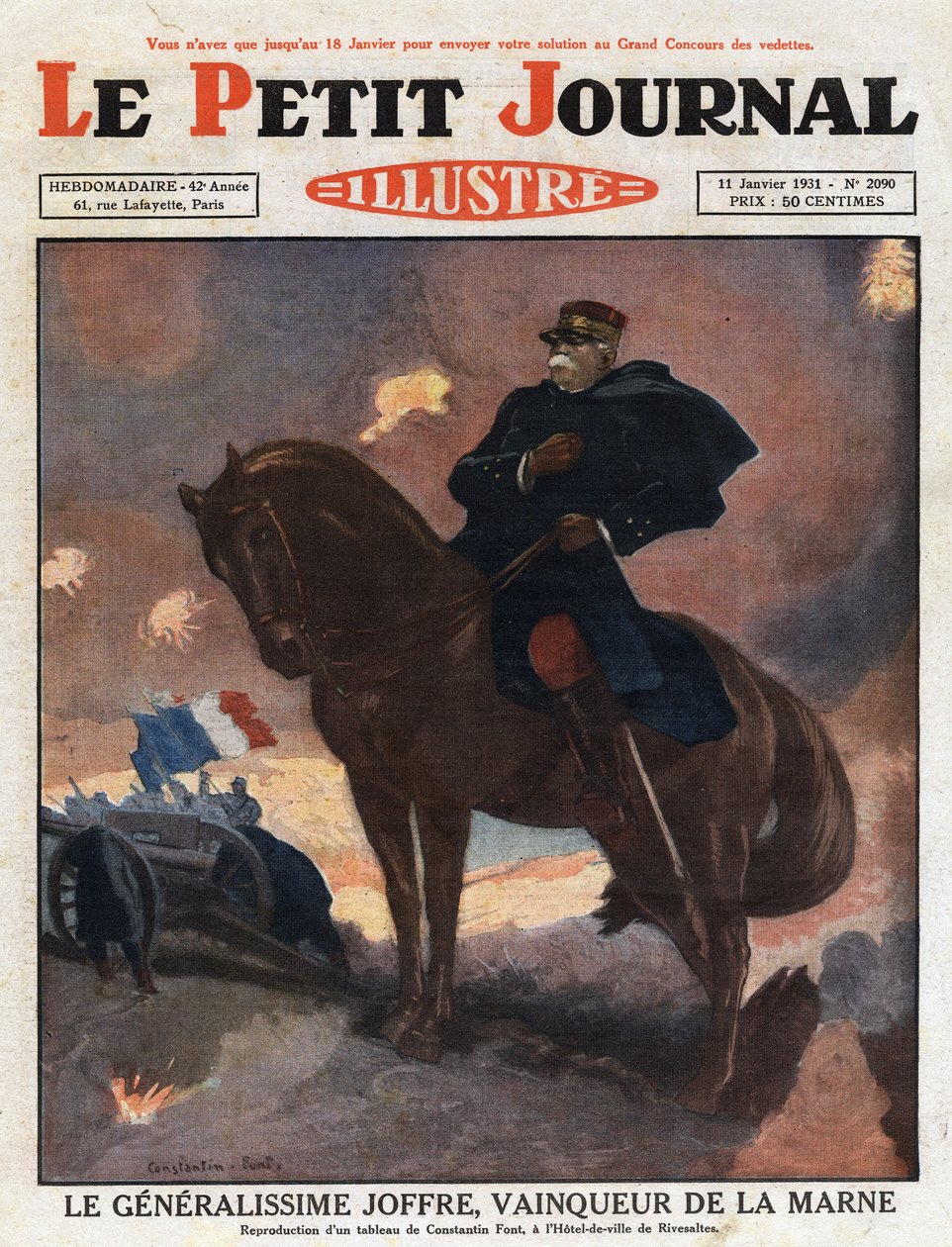 Pierwsza wojna światowa: portret generała Josepha Joffre (1852-1931) na koniu, przedstawiający jako zwycięzcę na polu bitwy pod La Marne (wrzesień 1914)” Ilustracja z obrazu Constantine Font. Rycina z „Le petit journal illustious”” z 1931 r. autorstwa Anonymous Anonymous