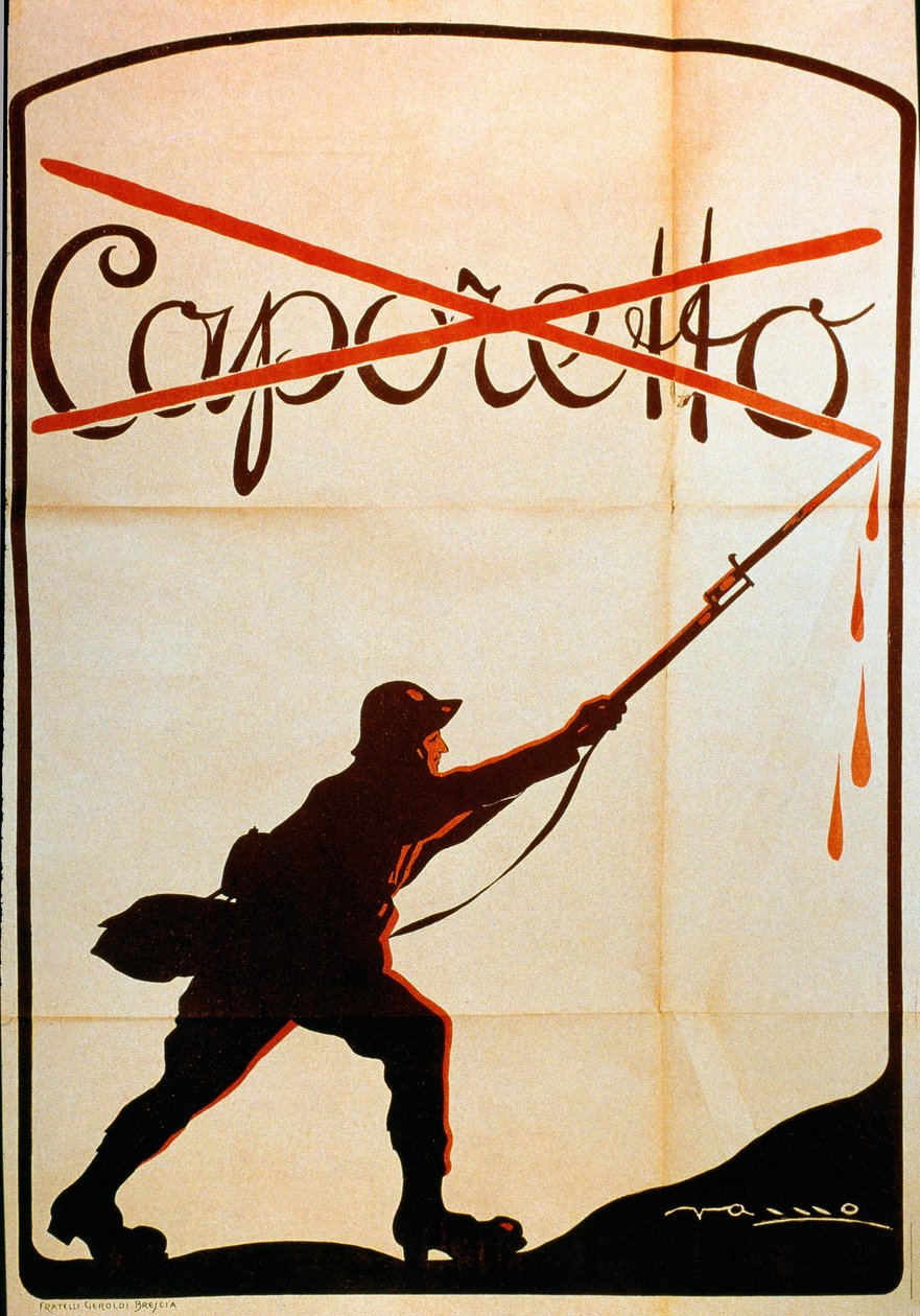 Pierwsza wojna światowa: plakat opublikowany z okazji klęski Caporetto (lub bitwy pod Karfreit) pod koniec października 1917 przedstawiający żołnierza armii włoskiej, który zdarł nazwę „Caporetto” z czubka swojego baonety. Program Illustrator nie jest iden autorstwa Anonymous Anonymous