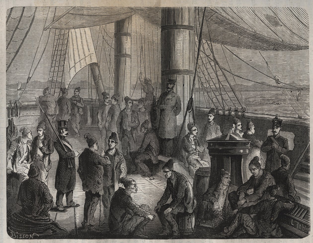 Pierwszy konwój wojsk z Tulonu do Kajenny (Gujana) na mocy dekretu z dnia 8 grudnia 1851 r. Grawer „Historia skazanych od ich powstania do dnia dzisiejszego” (1877) autorstwa Pierre