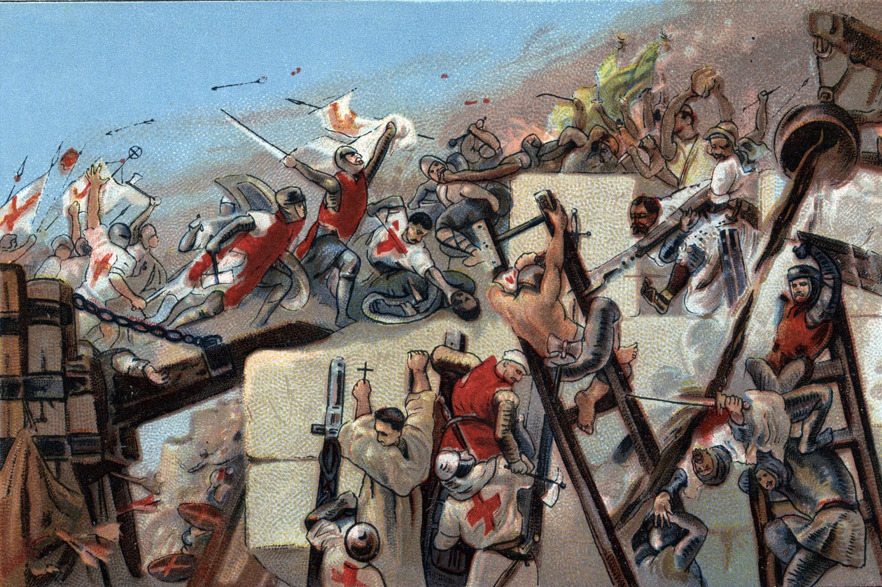 Pierwsza krucjata (1096-1099): zdobycie Jerozolimy przez krucjaty prowadzone przez Godefroya (Godefroi) z Bouillon (1061-1100) 15 lipca 1099. Chromolitografia reklamowa czekoladek Antoine w Brukseli, początek XX wieku. Prywatna kolekcja autorstwa Anonymous Anonymous