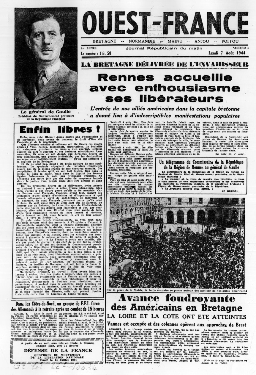 Pierwszy numer Zachodniej Francji z 7 sierpnia 1944 r.: La La La La Liberation na zachodzie Francji i generał de Gaulle - fotografia, B.N. autorstwa Anonymous Anonymous