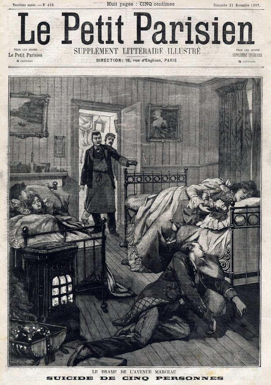 Pięć samobójstw na Avenue Marceau w Paryżu. W „”Le Peute Parisien”” w dniu 21.11.1897. Prywatna kolekcja autorstwa Anonymous Anonymous
