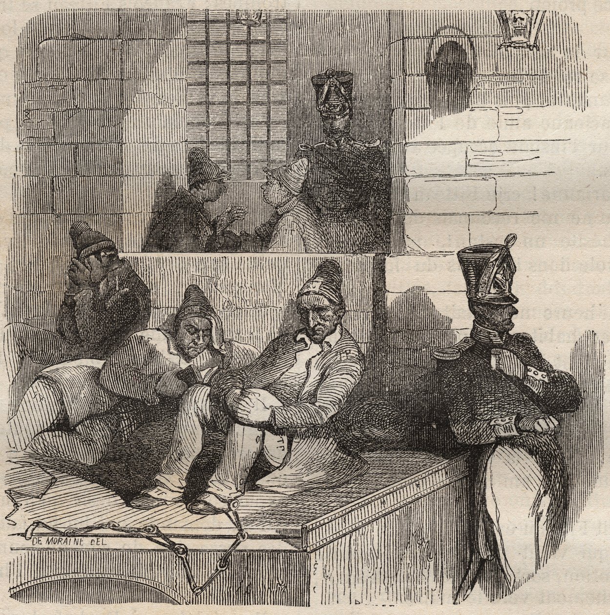 Zmuszony do odpoczynku w więzieniu Rochefort w XIX wieku. Grawer „Historia więzień od ich powstania do dnia dzisiejszego” (1877) autorstwa Pierre