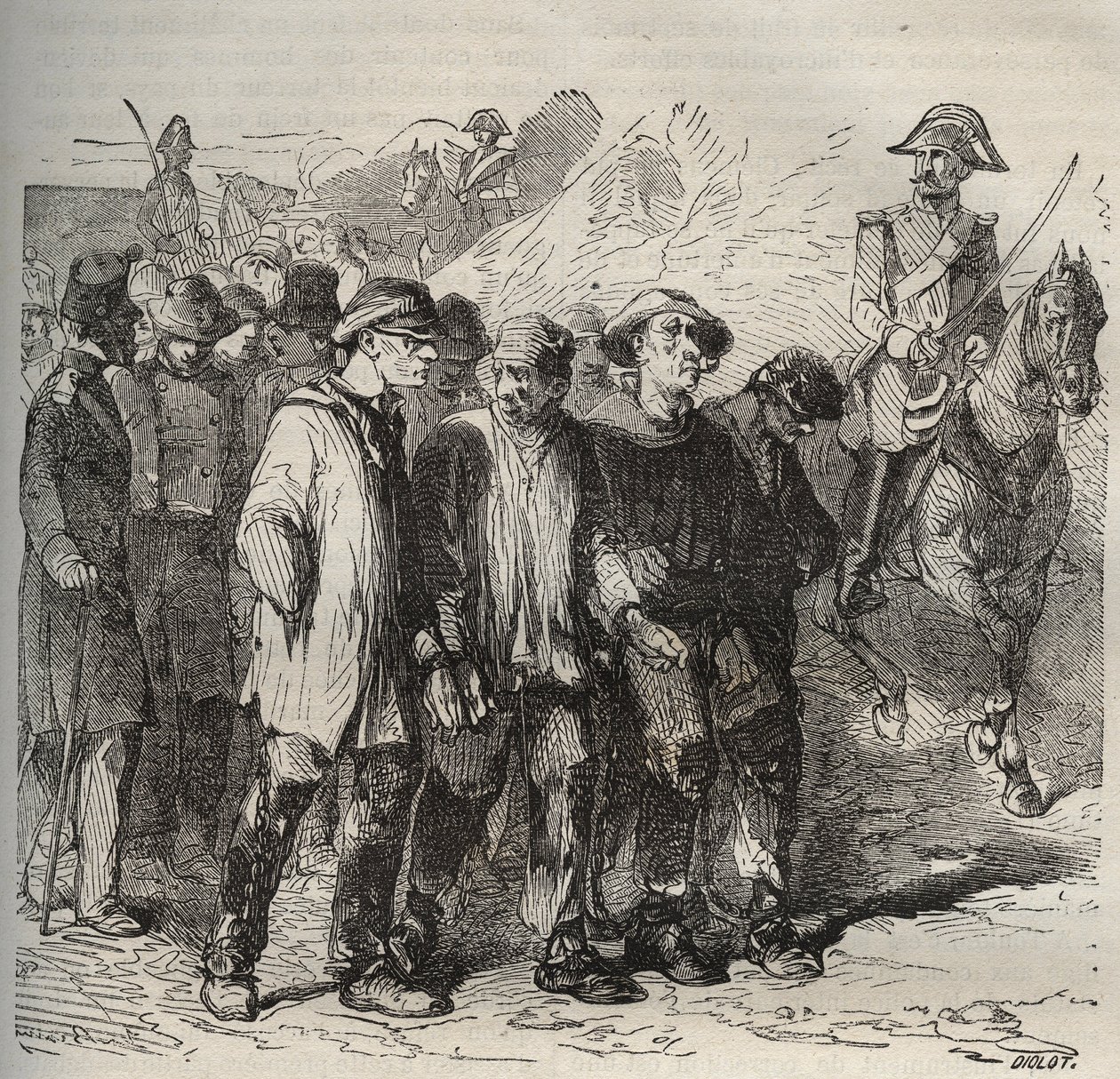 Skazani w marszu w bagne de Rochefort w XIX wieku. Grawer „Historia skazanych od ich powstania do dnia dzisiejszego” (1877) autorstwa Pierre