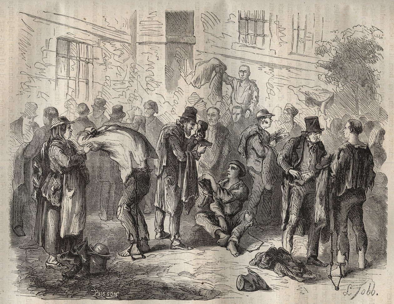 Forcats sprzedający swój dobytek przed wejściem do Tulonu Bagne w XIX wieku. Grawer w „Historii skazanych od ich powstania do dnia dzisiejszego” (1877) autorstwa Pierre