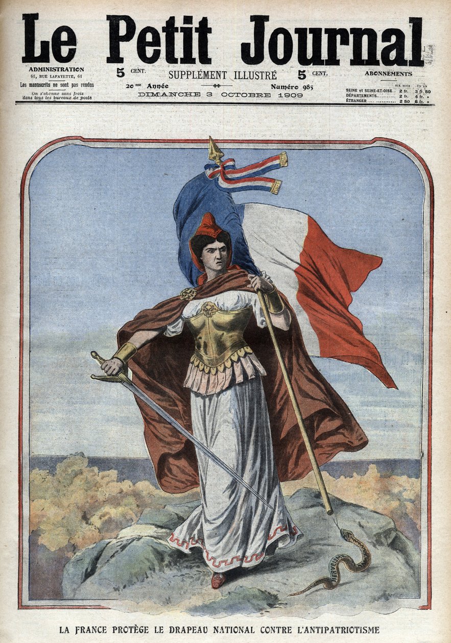 Francja (Marianne) chroni flagę narodową przed antypatriotyzmem – „Le Petit Journal” z października 1909 r. autorstwa Anonymous Anonymous
