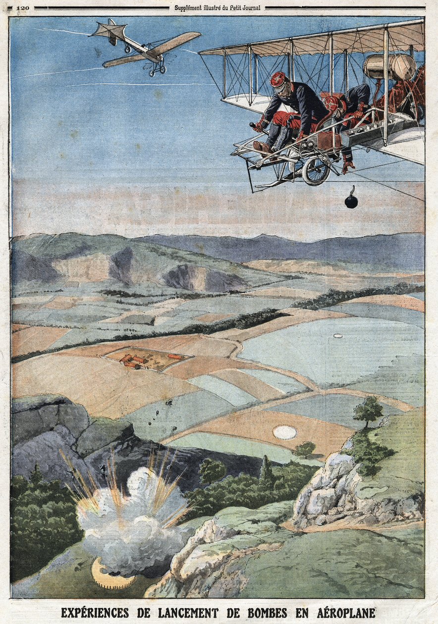Francuski Armee: „”Doświadczenia wystrzeliwania bomby samolotu””. Grawerowanie w „Le Petité Journal”, 14/04/1912. Prywatna kolekcja. autorstwa Anonymous Anonymous