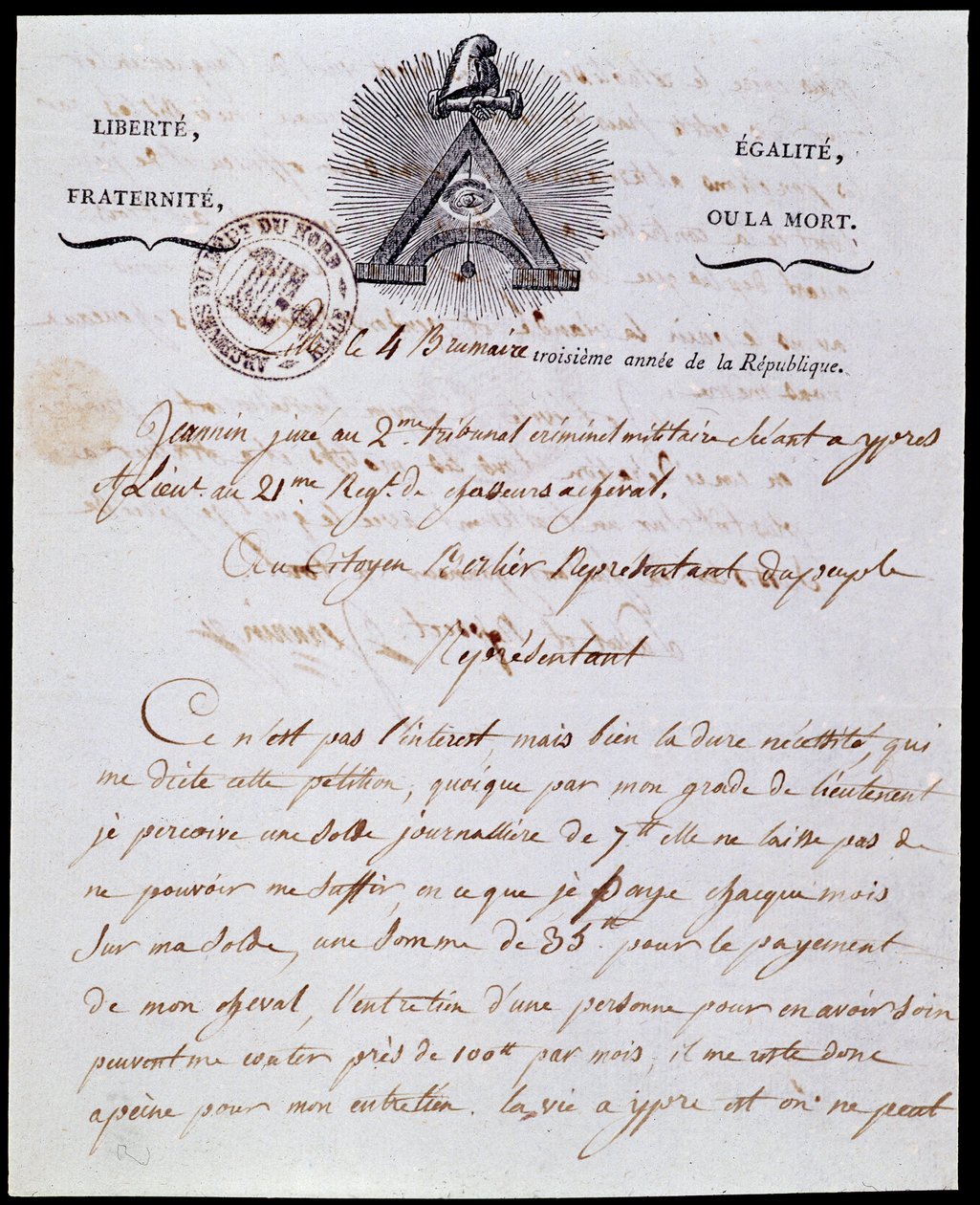 Rewolucja Francuska: pierwsza strona i nagłówek wojskowego pisma administracyjnego 4 mgła rok III (25.10.1794) z dnia 18 Frimaire rok III (08.12.1794) z republikańskim napisem „Liberte Egalite, Fraternite ou la Mort” i symbolami Franco-Maconnerie. autorstwa Anonymous Anonymous