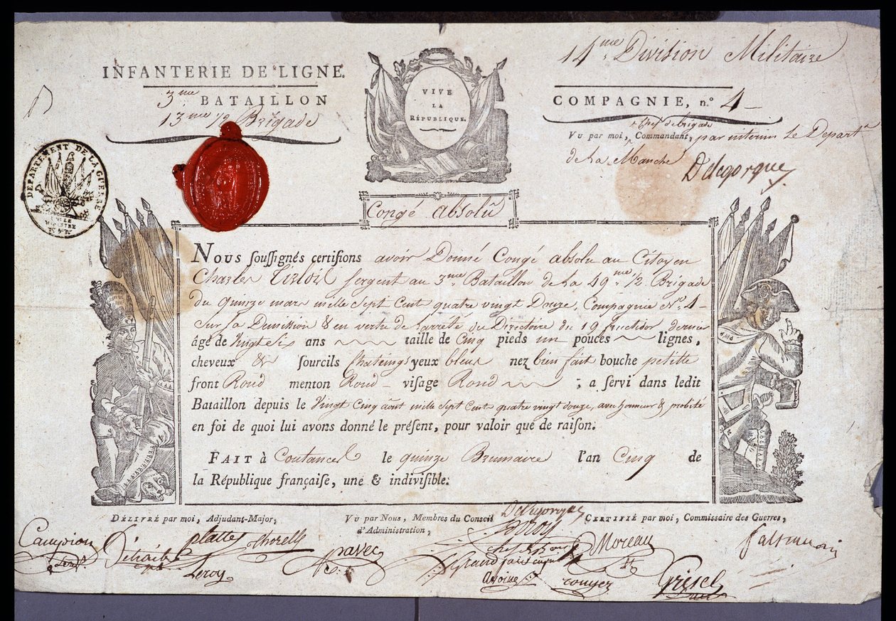 Rewolucja Francuska: oficjalny dokument konge wojskowego z dnia 15 Brumaire V (05.11.1796) sierżanta z okręgu Coutances. Archiwum departamentalne Nord Lille autorstwa Anonymous Anonymous