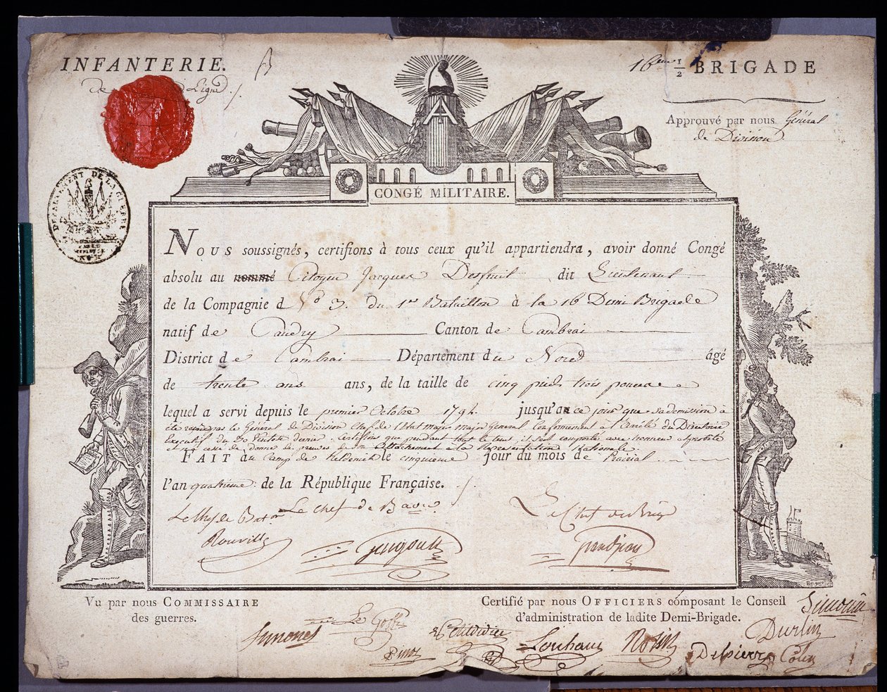 Rewolucja Francuska: oficjalny dokument zjazdu wojskowego z IV roku Prairialnego (24.05.1796) porucznika brygady okręgu Cambrai. Archiwum departamentalne Nord Lille autorstwa Anonymous Anonymous