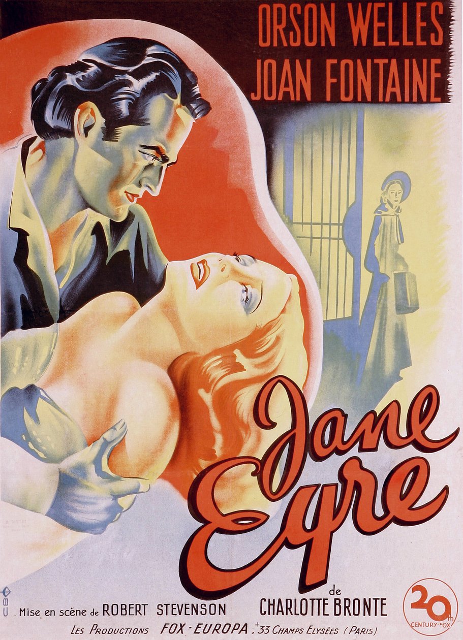 Francuski plakat filmowy do filmu „”Jane Eyre”” napisany przez Charlotte Bronte i wyreżyserowany przez Roberta Stevensona w 1944 roku z aktorami Orsonem Wellesem jako Edward Rochesterem i Joan Fontaine jako Jane. Prywatna kolekcja. autorstwa Anonymous Anonymous