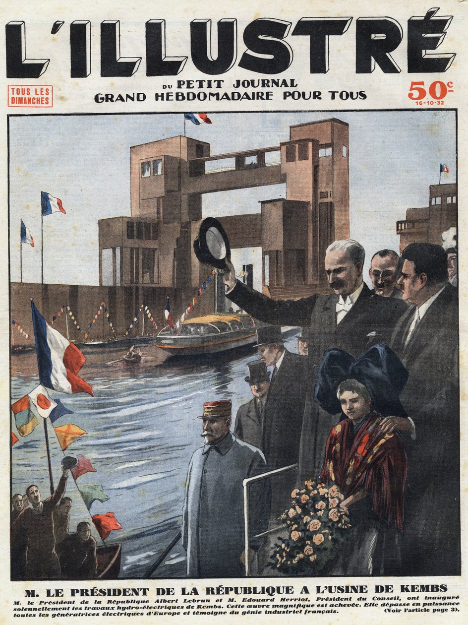 Przemysł francuski: Albert Lebrun (1871-1950), prezydent Republiki i Edouard Herriot (1872-1957), przewodniczący rady zainaugurowali elektrownię wodną Kembs w Haut-Rhin (Haut Rhin) w Alzacji. Grawerowanie nagłówka „” L