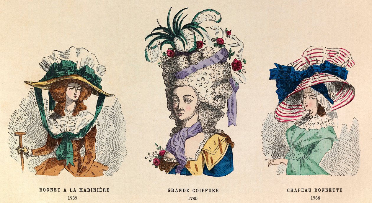 Od lewej do wrony: Hat a la Marinerere w 1787 r.; Grande Hairstyle z 1785 i Hat Bonnette z 1786 - kolekcja prywatna autorstwa Anonymous Anonymous