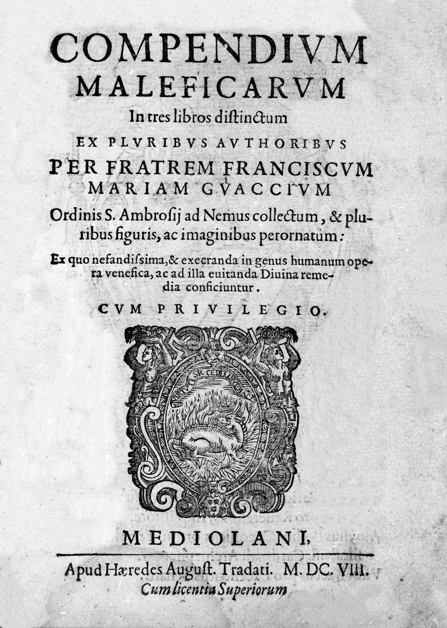 Frontyspicjum „”Compendium Maleficarum””, zajmuje się czarownicami, ich złem i szykanami autorstwa Francesco Marii Guazzo lub Guaccio lub Guaccius (15?? -16??) 1608 autorstwa Anonymous Anonymous