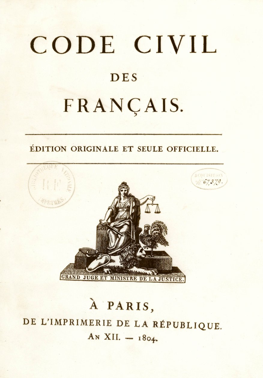 Frontyspekcja jednego z dwunastu oryginalnych wydań „Code civil des francais”” ogłoszonego przez Napoleona Bonaparte 21.03.1804. Francuska ustawa o prawach obywatelskich. B.N. Paryż autorstwa Anonymous Anonymous