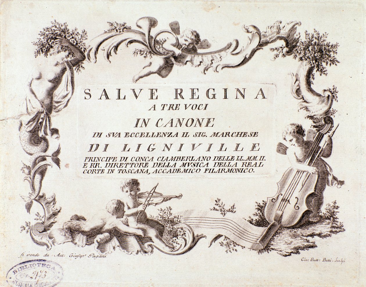 Frontyspis partytury hymnu Salve regina na trzy głosy markiza Ligneville (1768) autorstwa Anonymous Anonymous