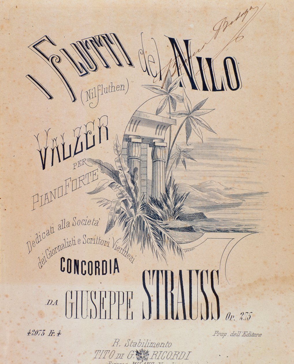 Frontyspis partytur Nile Waters Walce na fortepian Josefa Straussa autorstwa Anonymous Anonymous
