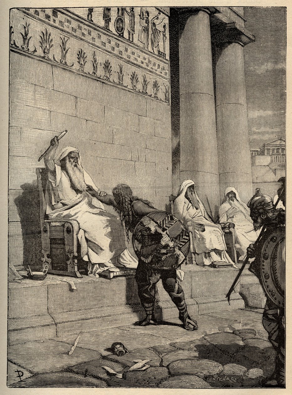 Przywódca galijski Brennus (Brennos) powraca do rzymskiej stolicy w 390 p.n.e. - Galowie w Rzymie - złupienie Rzymu - rycina 1890 autorstwa Anonymous Anonymous