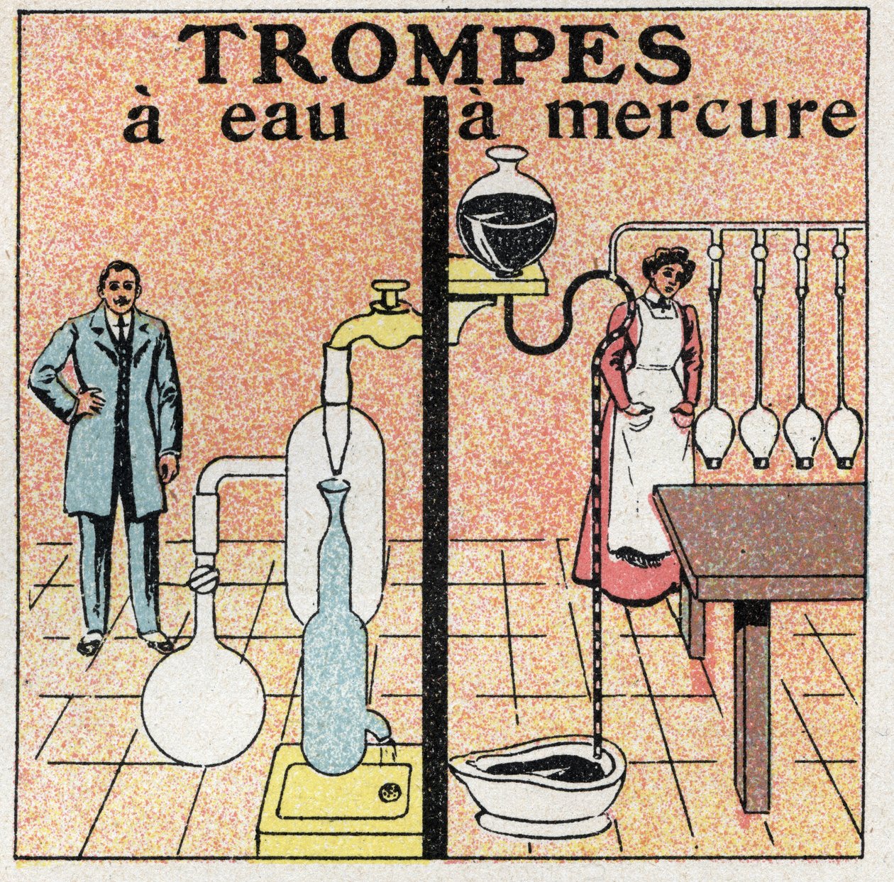 Ciśnienie gazu: rurki wodne i rurki rtęciowe. Anonimowa ilustracja z 1925 r. Ze zbiorów prywatnych. autorstwa Anonymous Anonymous