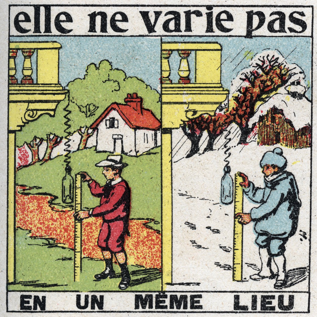 Ziarnistość: nie zmienia się w jednym miejscu. Dziecko mierzące grawitację ze sprężyną w tym samym miejscu latem i zimą. Anonimowa ilustracja z 1925 r. Ze zbiorów prywatnych. autorstwa Anonymous Anonymous