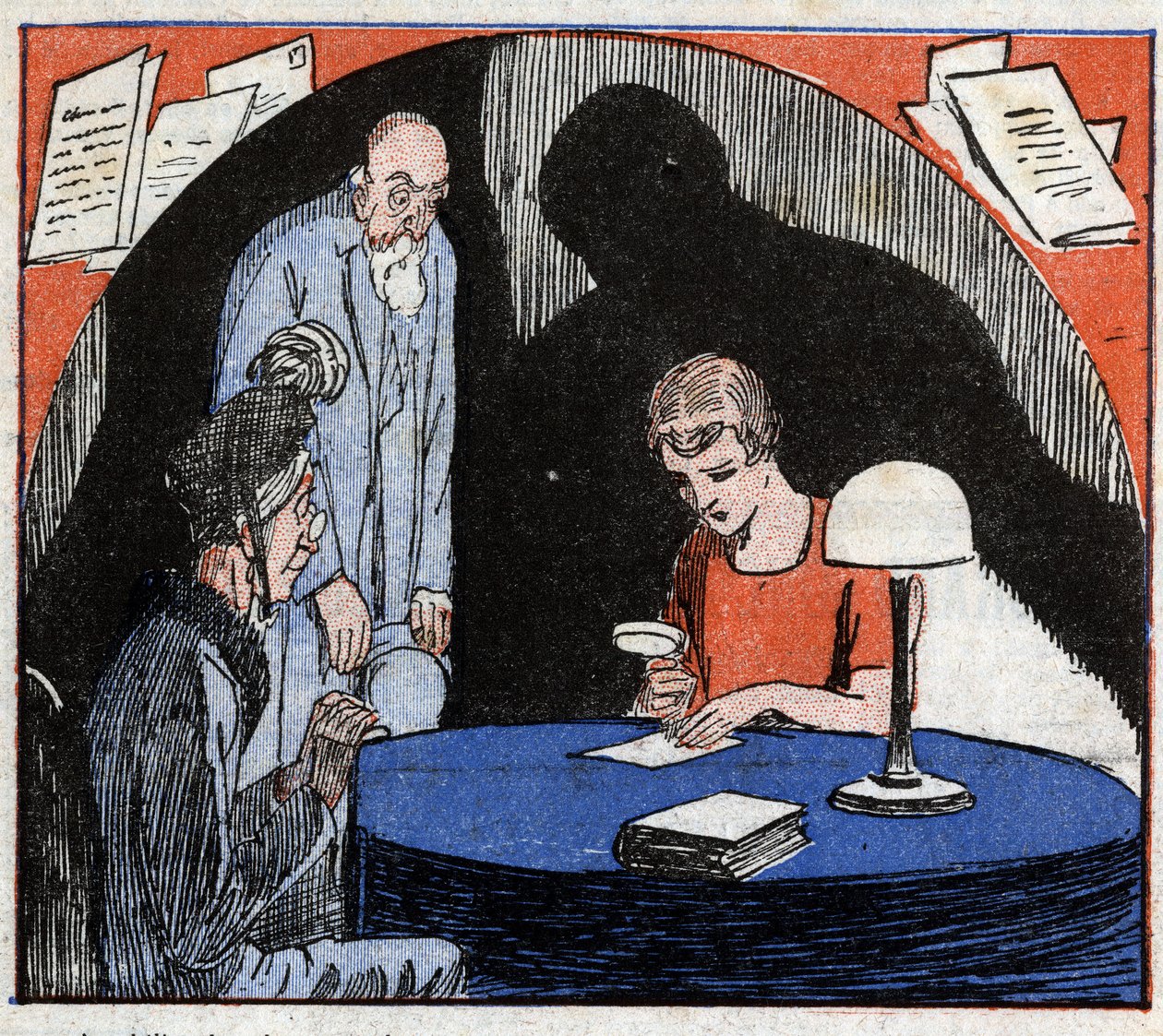 Grafologia: grafolog, konsultowany przez parę staruszków, czyta pod lupą odręczne pismo danej osoby, aby wywnioskować cechy psychologiczne. Grawer w „Le Petite Journal illustrious”” 1926. Zbiory prywatne. autorstwa Anonymous Anonymous