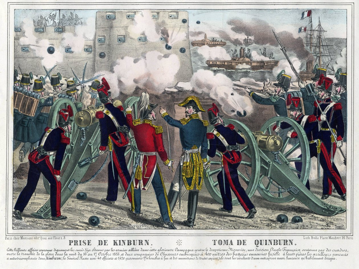 Guerre de Crimee - Bataille de Kinburn (1855) - Bombardowanie Kinburn - Anonim - 1857 - Litografia, akwarela - 29,5x42,7 - Kolekcja prywatna autorstwa Anonymous Anonymous