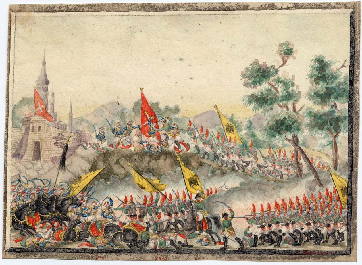 Guerre russo-turque de 1828-1829 - Armia rosyjska zdobyła fortecę Izmail (Ismail) w 1790 r. - Anonimowy - 1829 - Akwarela na papierze - 19x26 - Kolekcja prywatna autorstwa Anonymous Anonymous