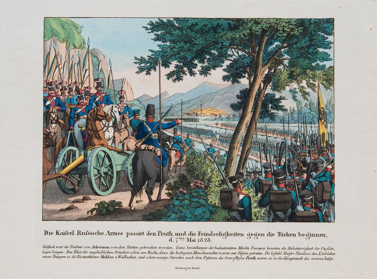 Guerre russo-turque de 1828-1829 - Armia rosyjska przekracza rzekę Prut do Mołdawii w maju 1828 r. za Anonimem, ok. 1930 r. 1830 - Akwaforta, akwarela autorstwa Anonymous Anonymous