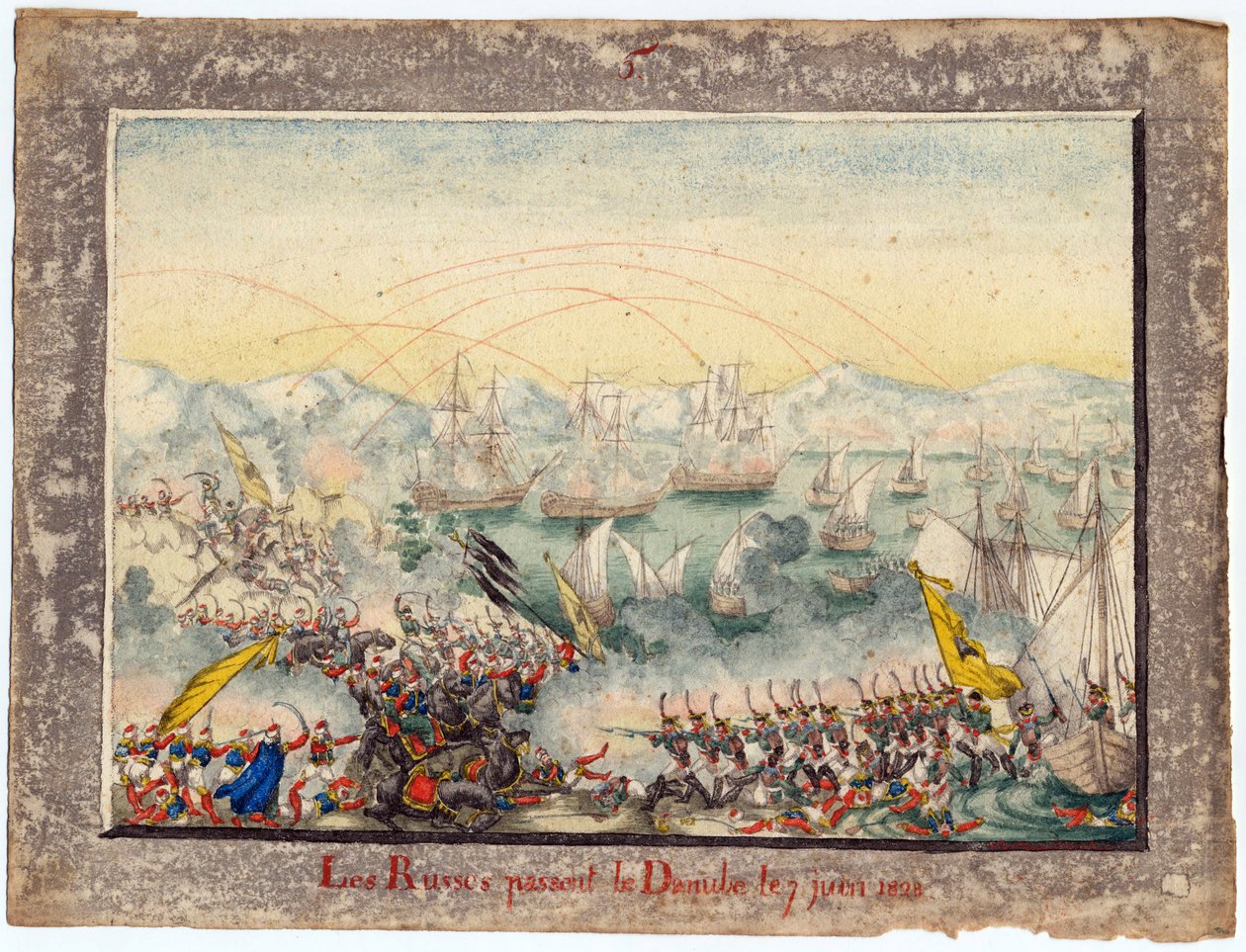 Guerre russo-turque de 1828-1829 - Rosjanie przekroczyli Dunaj w 1828 - Anonimowy - 1829 - Akwarela na papierze - 22x30 - Kolekcja prywatna autorstwa Anonymous Anonymous