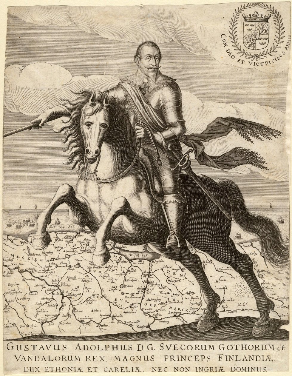 Gustave II Adolphe, dit le Grand ou le lion du Nord (1594-1632), roi de Suede, chevauchant la carte de Pomeranie - Gustavus Adolphus przed mapą Pomorza w tle - Anonymous - 1630 - Miedzioryt - 30,4x23, 9 – Kolekcja prywatna autorstwa Anonymous Anonymous