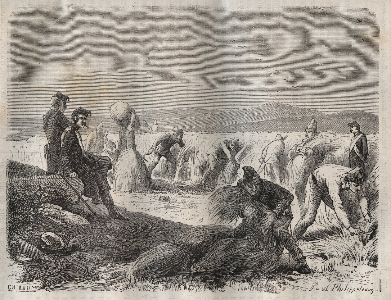 Siły żniwne w więzieniu Belle-Ile-en-Mer (piękna wyspa na morzu) w XIX wieku. Grawer „Historia skazanych od ich powstania do dnia dzisiejszego” (1877) autorstwa Pierre