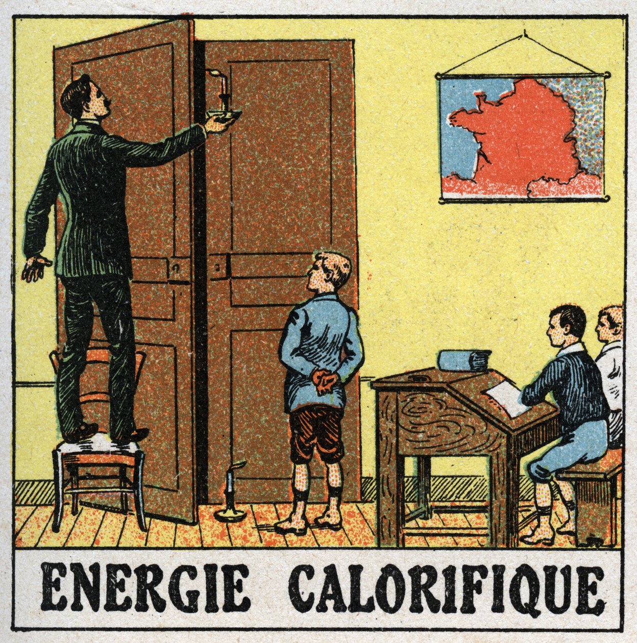 Energia cieplna: nauczyciel w klasie trzyma świecę w pobliżu otwartych drzwi. Anonimowa ilustracja z 1925 r. Ze zbiorów prywatnych. autorstwa Anonymous Anonymous