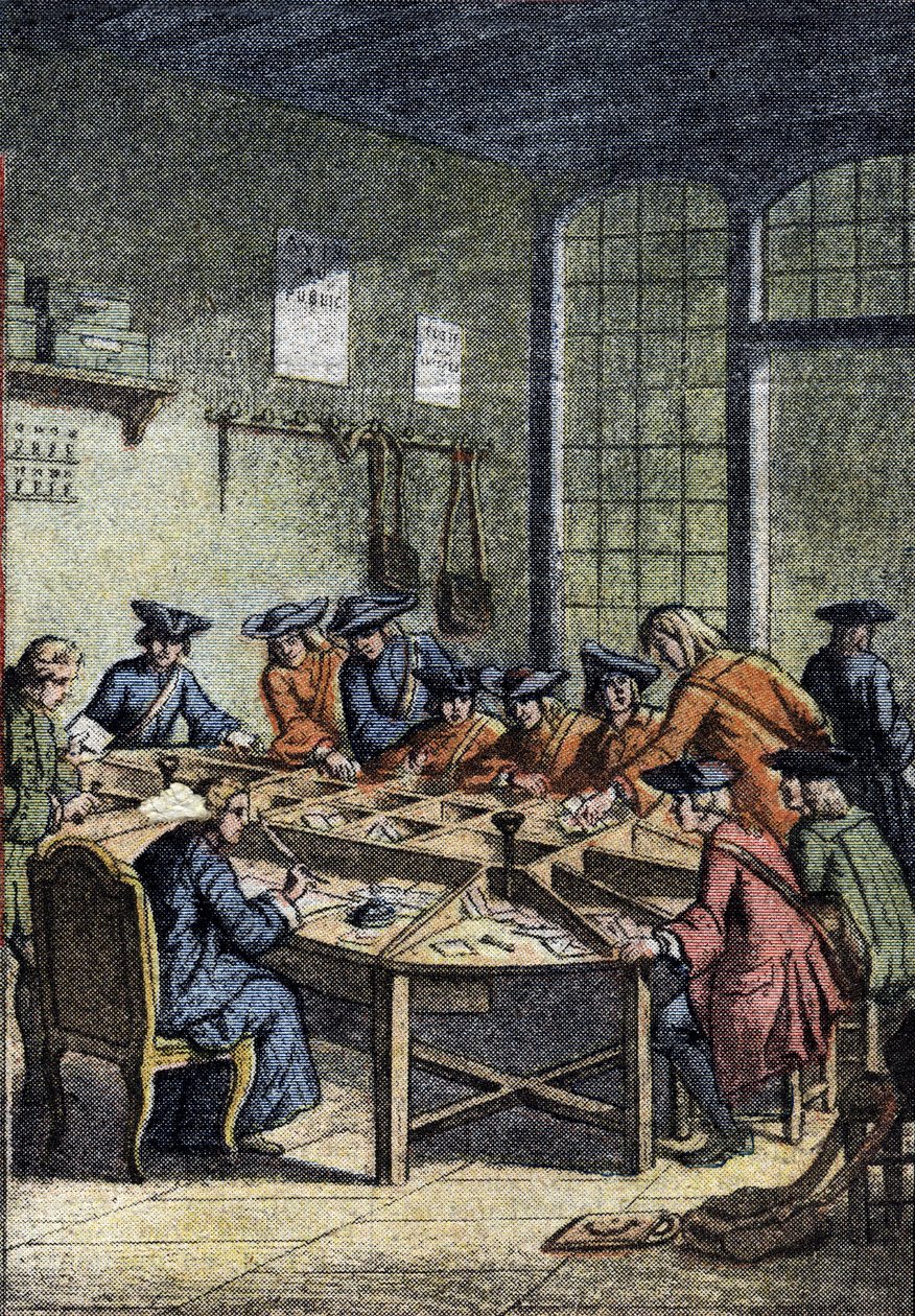 Historia poczty: sortownia za panowania Ludwika XV (XVIII w.). Fragment „”Le petit journal”” z 15.04.1920. Prywatna kolekcja autorstwa Anonymous Anonymous