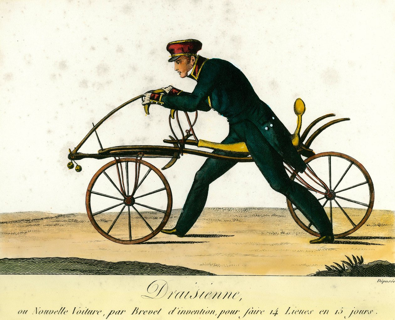 Historia roweru: drezyna, bardzo popularny nowy samochód około 1818 roku. Rycina z 1818 roku. Zbiory prywatne autorstwa Anonymous Anonymous