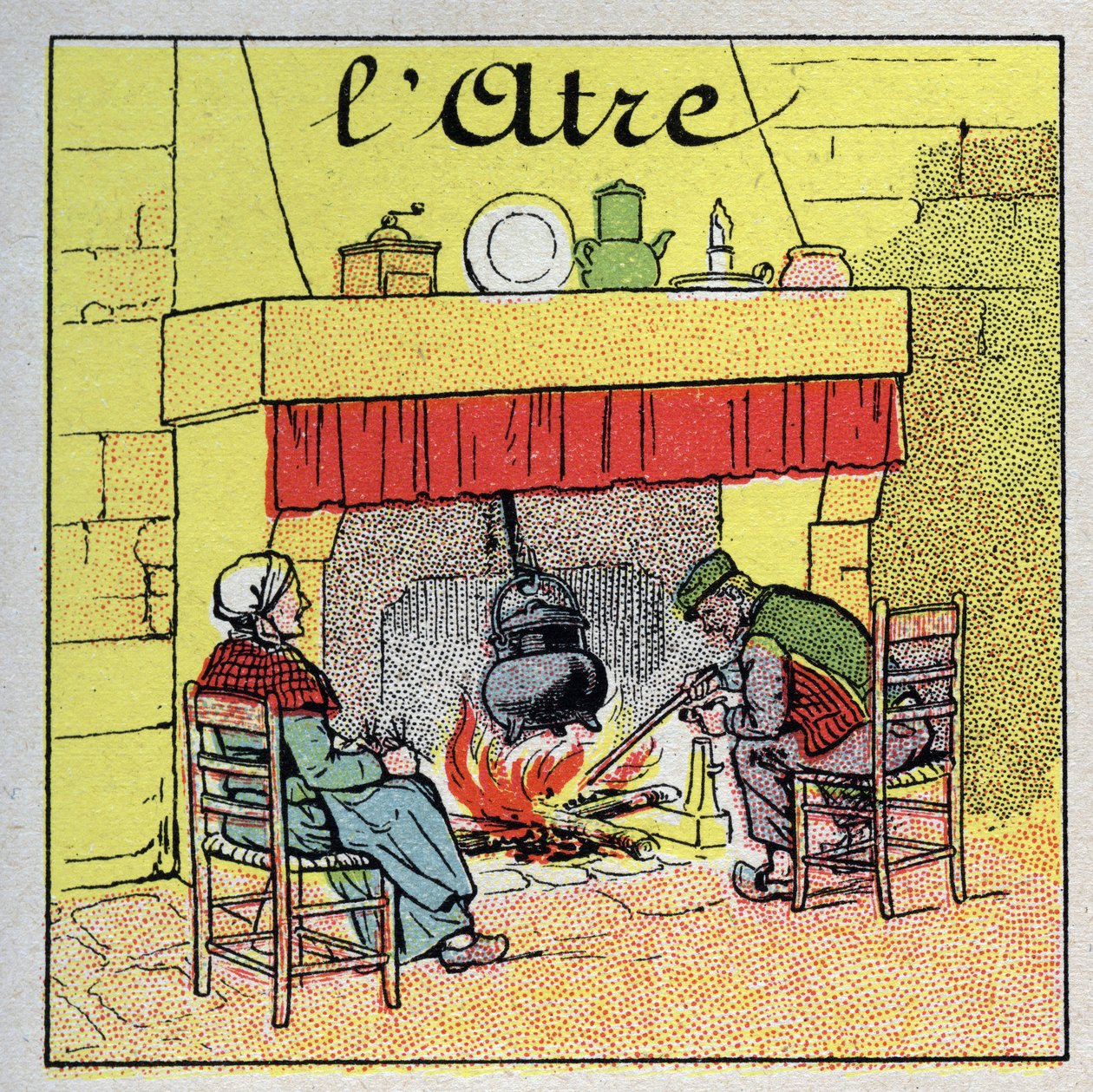 Ogrzewanie domu: kominek kominkowy. Anonimowa ilustracja z 1925 r. Ze zbiorów prywatnych. autorstwa Anonymous Anonymous
