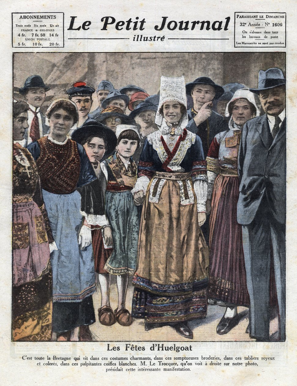 Uczty huelgoat w tradycyjnym stroju bretońskim z okazji inicjatywy na rzecz odrodzenia regionalnych zwyczajów. Ilustracja zaczerpnięta z „Le petit journal illustious”” z 09.10.1921. Prywatna kolekcja autorstwa Anonymous Anonymous