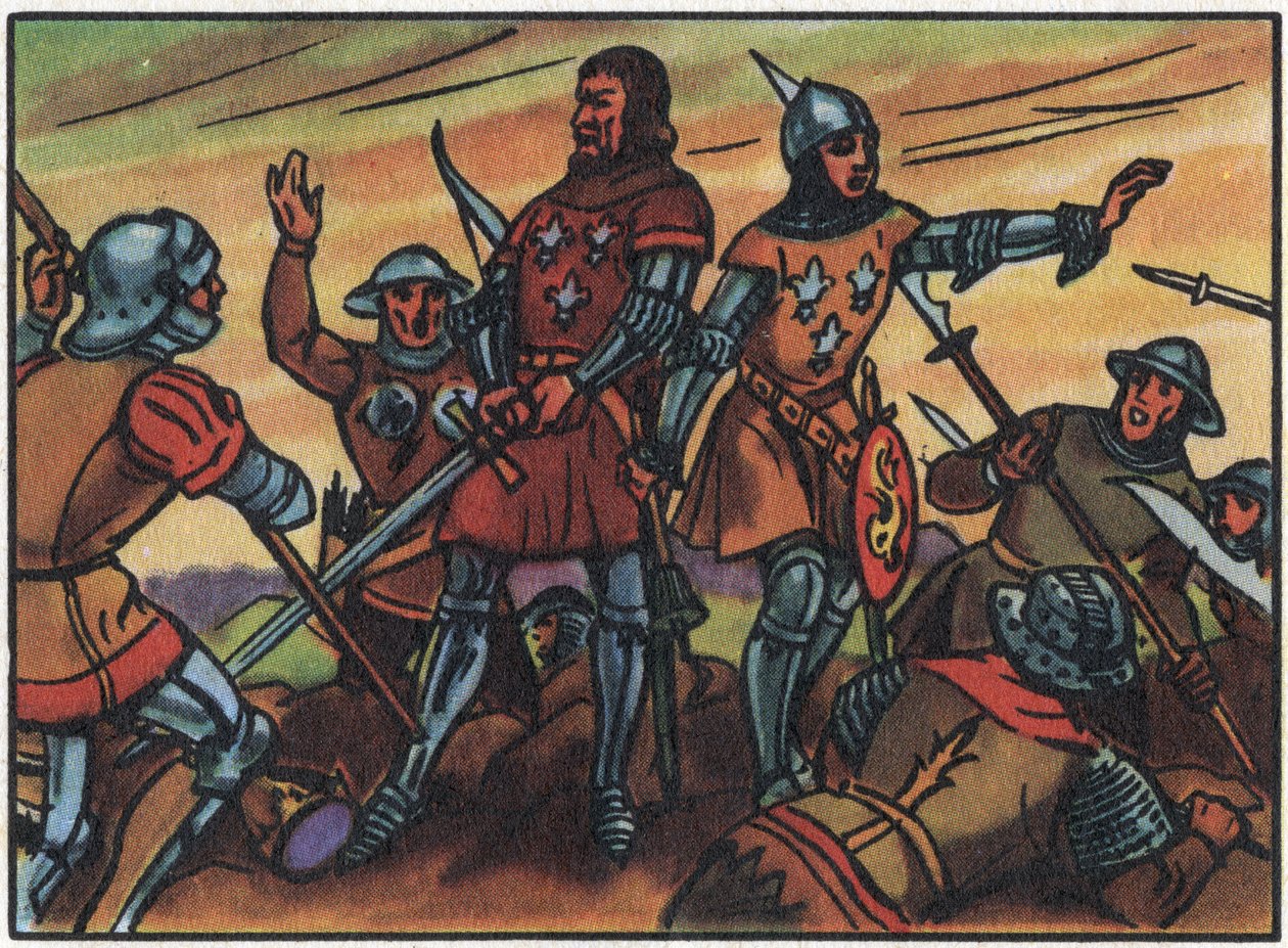 Wojna stuletnia: „” król Francji Jan II Dobry (1319-1364) został wzięty do niewoli przez Anglików w bitwie pod Poitiers 19.09.1356”. Anonimowa ilustracja w „” Collection des souverains et chefs d