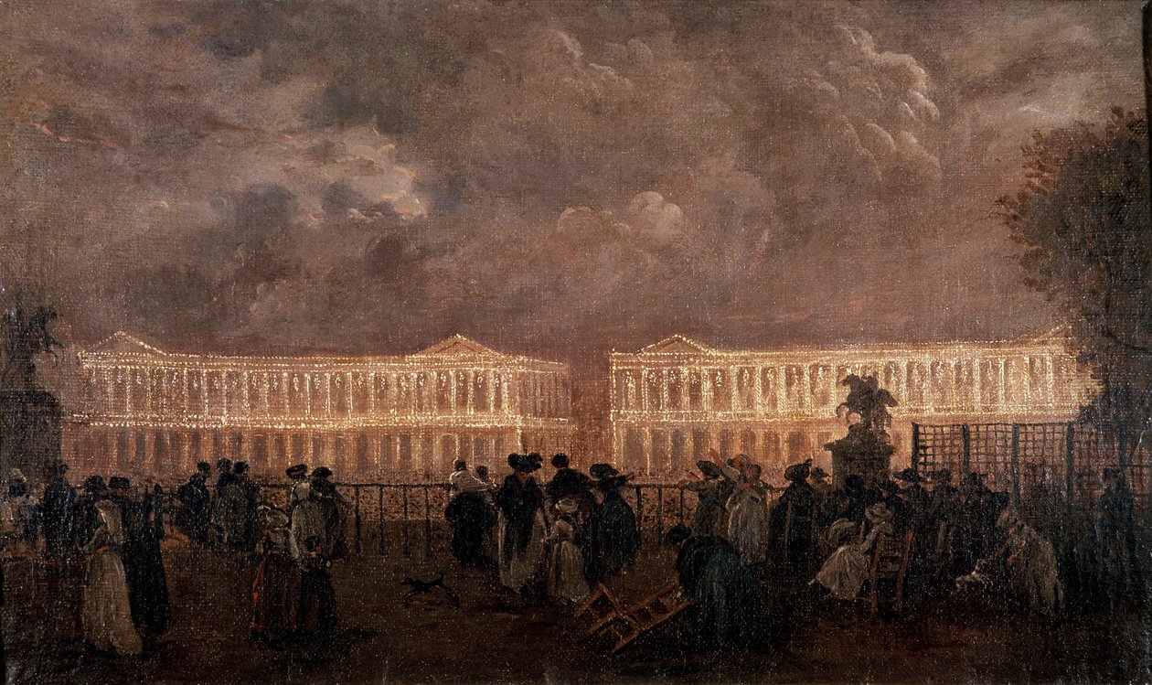 Iluminacja Placu Ludwika XV (obecnie Place de la Concorde) w Paryżu w 1782 r. Po lewej obecny Hotel Crillon, a po prawej Hotel de la Marine (Hotel du Garde Meuble). Anonimowe malowanie autorstwa Anonymous Anonymous