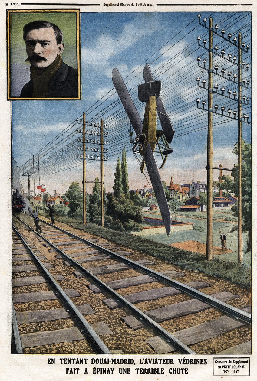 W kuszącym Douai - Madrycie, lotnik Jules Vedrines (1881-1919) sprawił, że Epinay spadł strasznie. Grawerowanie w Le Petit Journal”, dnia 12.05.1912 r. autorstwa Anonymous Anonymous