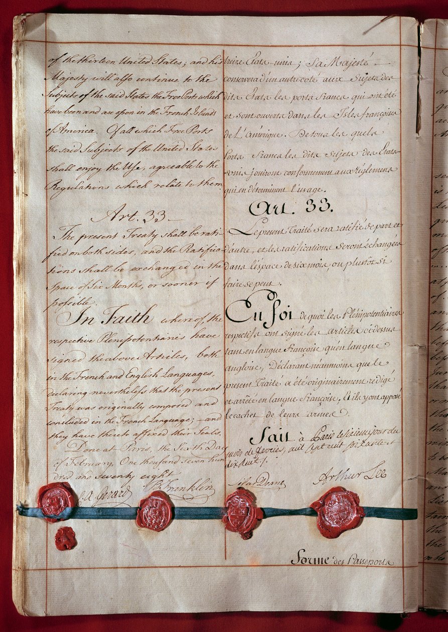 Niepodległość Stanów Zjednoczonych: handel przyjaźni i handel między Francją a Stanami Zjednoczonymi (reprezentowany przez Benjamina Franklina) datowany jest na luty 1778 w obu językach. 1778 Paryż, Ministerstwo Spraw Zagranicznych autorstwa Anonymous Anonymous