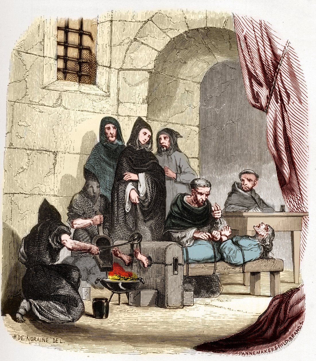 Inkwizycja w Hiszpanii w XV wieku: Maria Burgundzka (1457-1482), oskarżona o żydowskość, jest torturowana przez (świętego) Piotra (Pedro) z Arbues (1441/1442-1485), hiszpańskiego inkwizytora: pali sobie stopy . Ilustracja w „”Tajemnicach Inkwizycji i autorstwa Anonymous Anonymous