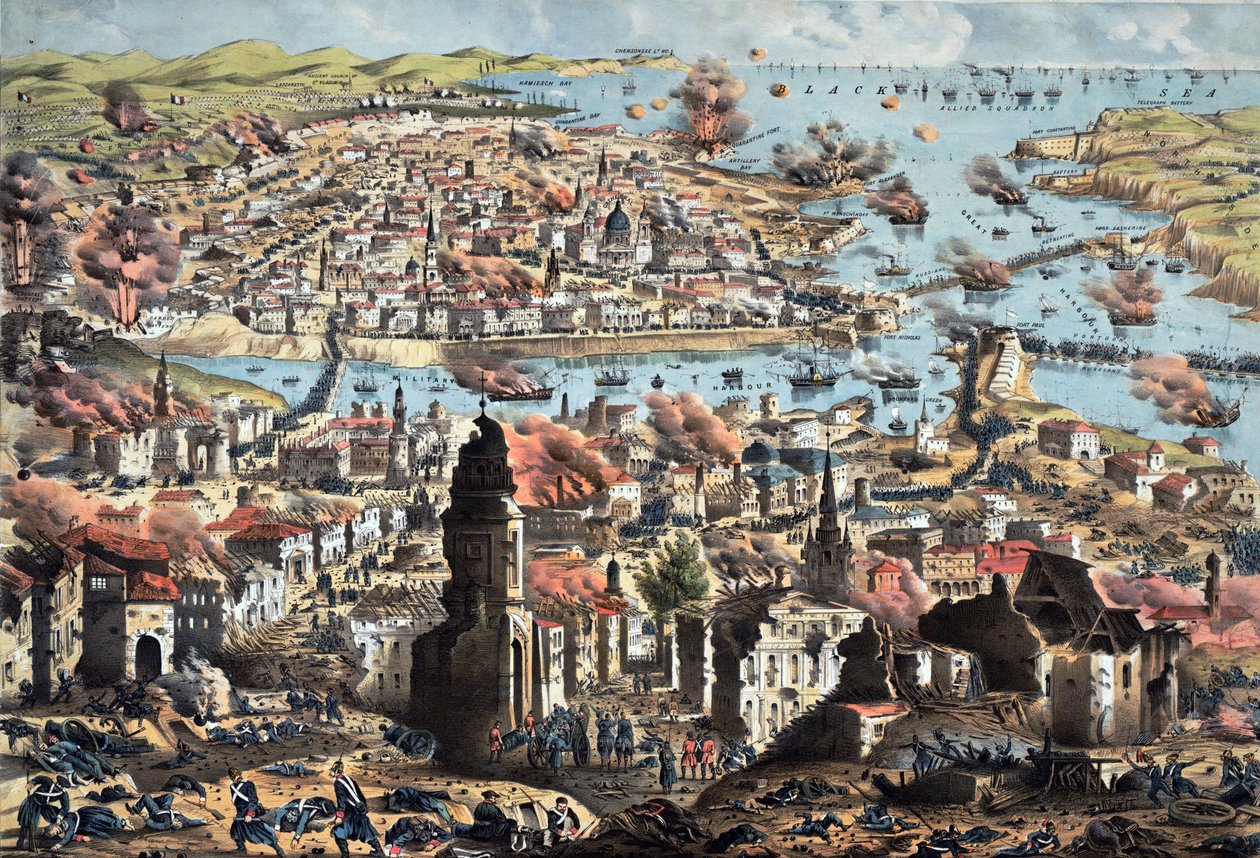 Wnętrze Sewastopola (Sewastopol), zniszczenie miasta przez Rosjan, ich odwrót - Nieznany oficer artylerii - 1855 - Litografia kolorowa - 51,3x68,4 - Kolekcja prywatna autorstwa Anonymous Anonymous