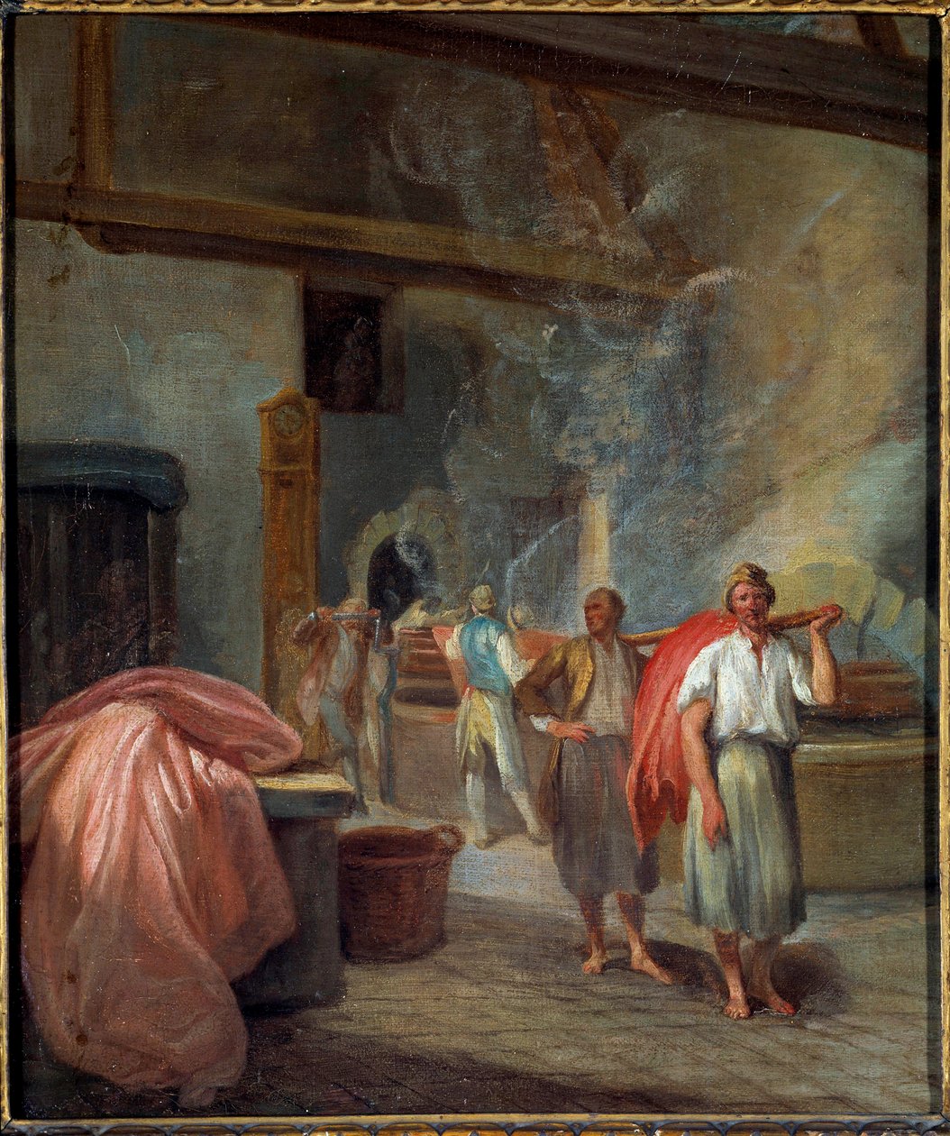 Wnętrze warsztatu farbiarskiego w malarstwie Les Gobelins Anonymous. 1760. Wymiary 0,37 x 0,30 m Paryż, Musee Carnavalet autorstwa Anonymous Anonymous