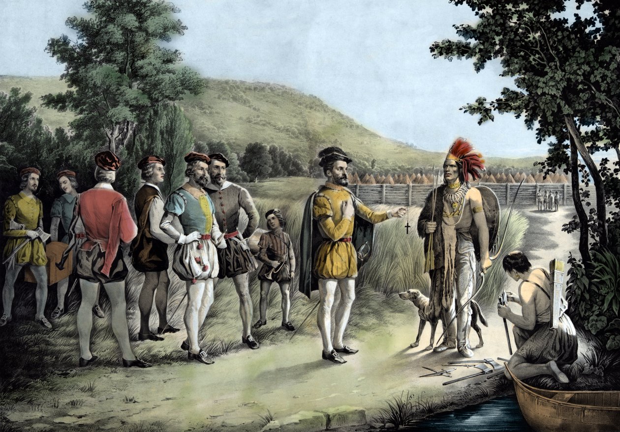 Jacques Cartier, jego pierwszy wywiad z Indianami w Hochelaga obecnie Montrealu w 1535 roku (lit autorstwa Anonymous Anonymous