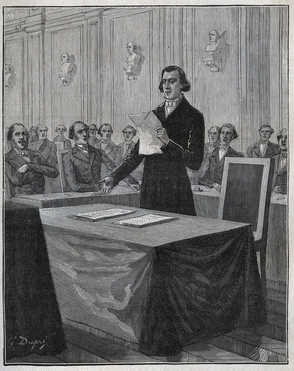 Jean Baptiste (Jean-Baptiste) Andre Dumas (1800-1884) Francuski chemik przedstawił Akademii Nauk swój raport na temat wynalazku Ruolza i Elkingtona. Grawer z 1885 roku w „Les arts et metiers illustres” Adolphe BITARD. autorstwa Anonymous Anonymous