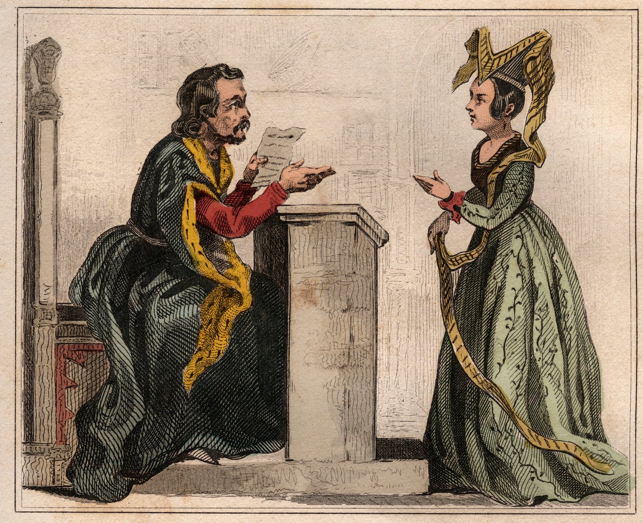 Jehan Pastoret (1328-1405), przewodniczący parlamentu paryskiego za panowania Karola V ze szlachcianką w liripionie. Grawer z 1859 roku w „Le Monde”. Historia wszystkich narodów od najdawniejszych czasów do współczesności”. przez ME de Lostal autorstwa Anonymous Anonymous